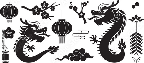 Twin Chinese Dragon Silhouette Set with Lanterns, Firecrackers, and Blossoms, Traditional Lunar New Year Graphic Asset Collection, Oriental Black and White Vector Illustration Isolated.