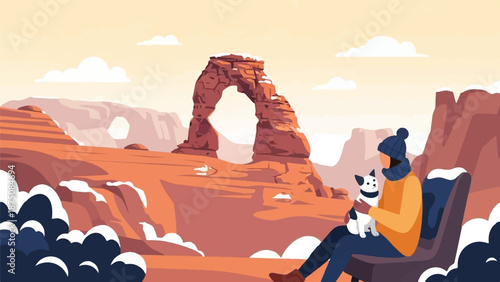 Pixel art of a person and dog resting in a snowy red rock desert with a prominent natural arch