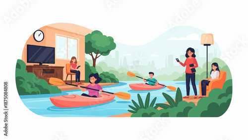 Illustration showing people indoors with devices and outdoors kayaking on a river with a city skyline