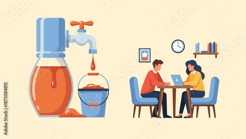 Illustration showing a tap dripping liquid into a bucket next to two people working on laptops at a table