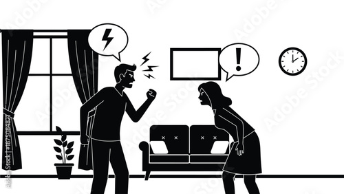 A dramatic illustration of a couple having an intense argument in their living room