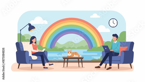 Illustration woman reading, man on laptop, dog on table, with an indoor/outdoor feel and a vibrant rainbow