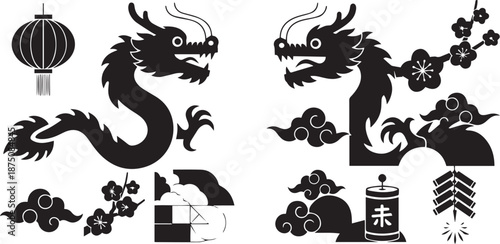 Chinese New Year Dragon Silhouette with Folding Fan and Lanterns, Traditional Lunar New Year Festive Composition, Black and White Oriental Vector Art Element Isolated on White Background.
