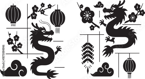 Elegant Chinese Dragon Silhouette Wrapped Around a Lantern, Lunar New Year Composition with Cherry Blossoms and Auspicious Clouds, Traditional Black and White Oriental Vector Illustration.
