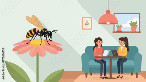 Illustration Two women working/reading at a table indoors, with a large wasp on a pink flower
