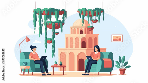 Illustration Two women work on laptops in a cozy room filled with plants and a grand arched structure