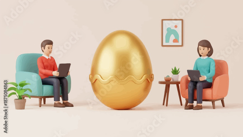 Two people on laptops, separated by a giant golden egg. Cozy room with plants and abstract art