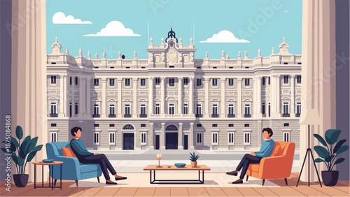 Pixel art scene of two people relaxing in armchairs on a patio, overlooking a grand classical building