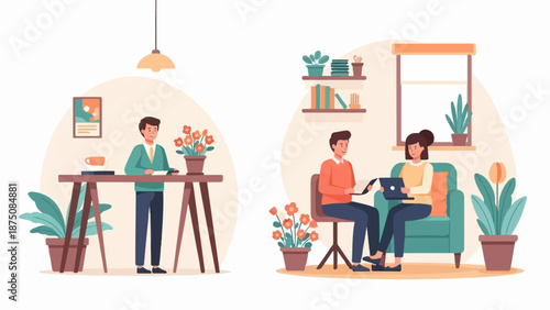 Illustrative depiction of individuals engaged in remote work activities from home, surrounded by indoor plants