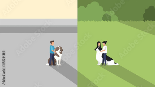 Illustrations show a man with a dog on pavement and two women with a dog in a park setting