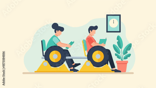 Two people on stationary bikes reading books. Flat illustration with clock and plant in a cream-colored room