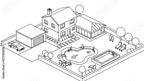 A large white house with a black roof and a swimming pool in the backyard