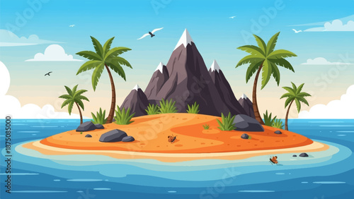 Pixel art tropical island with snow-capped mountains, palm trees, sandy beach, blue ocean, and insects