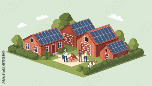 Isometric illustration of a farm with red barns and a house, all featuring solar panels. People gather outside, one with a bear