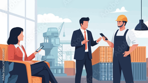 Three professionals, a businesswoman, businessman, and worker, discuss logistics at a busy shipping port