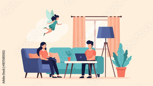 Two people relax in a living room, one working on a laptop, while a fairy flies above in a cloud