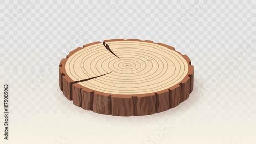 Isometric cartoon illustration of a round tree trunk slice with growth rings and textured bark