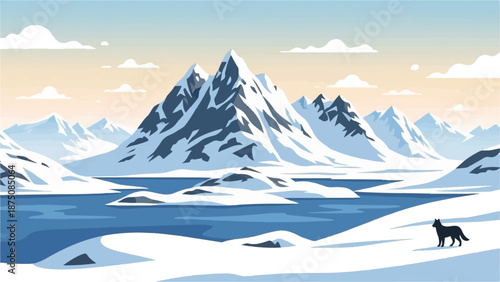 Pixel art winter mountain range with snowy peaks overlooking a calm lake, under a gradient sky, a lone wolf