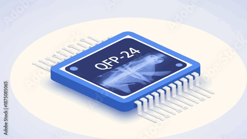 Isometric blue computer chip illustration with an internal X-ray animal skeleton and "QFP-24" text