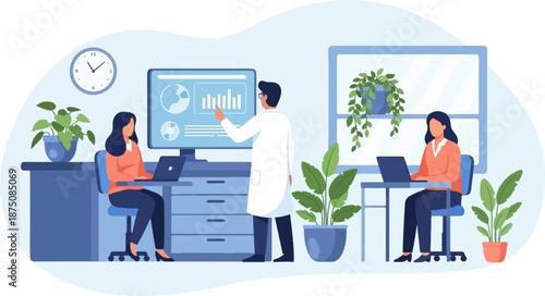 Three professionals collaborate in an office, reviewing data visualizations on a monitor and working on laptops