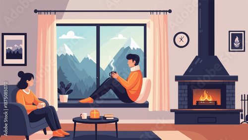 Two people relax in a cozy room with a fireplace, enjoying hot drinks and a snowy mountain view