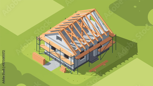 Isometric illustration of a house under construction with exposed roof trusses, scaffolding, and building materials