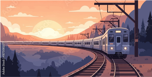 Pixel train on tracks through a serene sunset mountain landscape with orange sky and purple hues