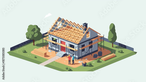 Isometric illustration of a house under construction with a couple standing outside, trees, and materials