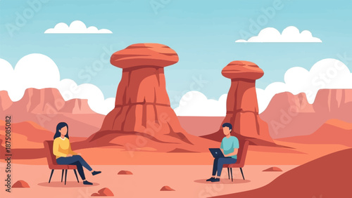 Two people relax in chairs in a vast red desert landscape with unique rock formations and blue sky