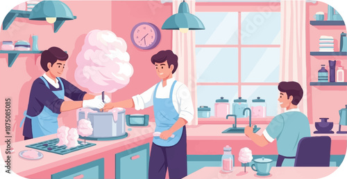 Three smiling men in a pastel kitchen making pink cotton candy. One uses a machine, another prepares, third waits