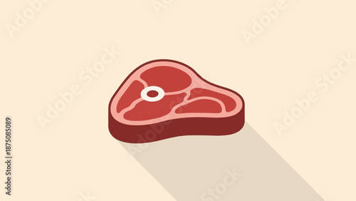 Isometric illustration of a raw steak with a bone, featuring a flat design and a long shadow