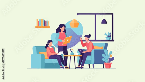 Three women collaborate in a cozy, modern workspace with laptops, chart, and plants. Flat illustration