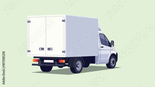 Isometric pixel art illustration of a white cargo delivery truck, viewed from the rear-side on a light green background