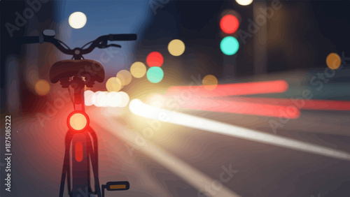 Rear view of a bicycle with a red taillight on a city street at night, blurred car lights
