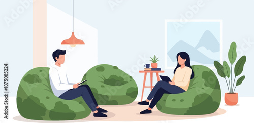 Two people relax on green beanbags in a bright room, one with a tablet, one reading, with plants and a window