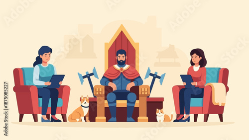 King on throne flanked by two women in armchairs with tablets, joined by a dog and cat on the floor