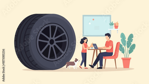 Large car tire with a man on laptop, woman holding cup, and dog in a minimalist indoor setting with plants
