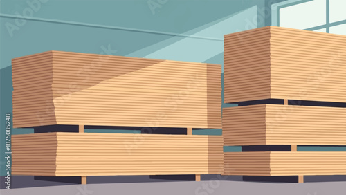 Large stacks of wooden planks or panels stored in a spacious warehouse with natural light from windows