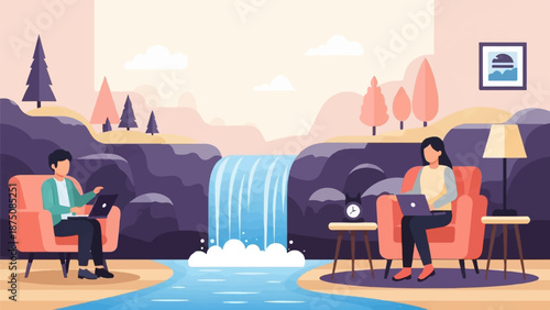 Remote work illustration with two individuals on laptops in armchairs, surrounded by nature and a waterfall
