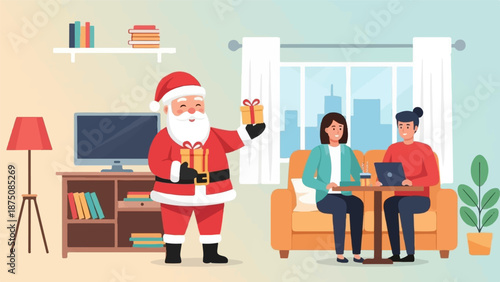 Santa Claus brings gifts to a couple working on a laptop in their cozy living room, celebrating holidays