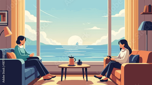 Two people relaxing in a modern room with a large window overlooking a serene ocean sunset, sailboat visible