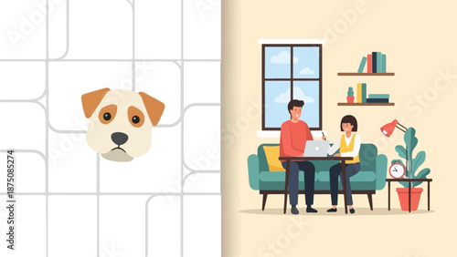 Sad dog head illustration on grid, and a happy couple working remotely at home with plants and books