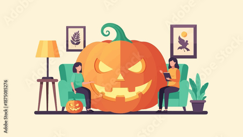 Two people relax on armchairs in a cozy room with a giant jack-o'-lantern and festive decor