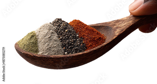 Scooping spices with a wooden spoon isolated kitchen culinary art minimalist close-up view