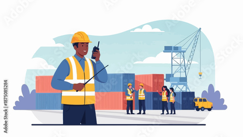 Port scene with workers in hard hats and vests, shipping containers, a crane, and a yellow vehicle