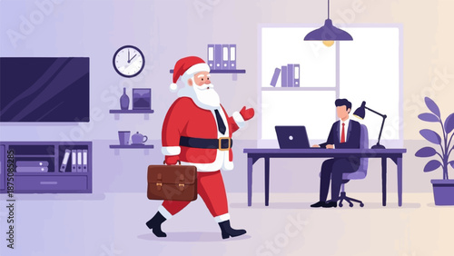 Santa Claus in a business suit with a briefcase walks past a man working on a laptop in a modern office