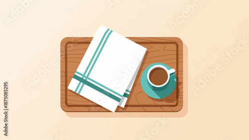 Top-down view of a wooden tray holding a white towel with teal stripes and a cup of coffee