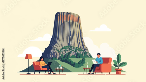 Two people relaxing outdoors, working and reading with a large natural monument in the background
