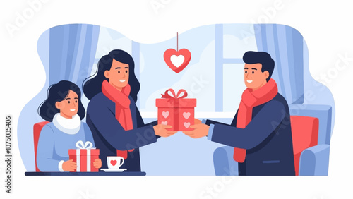 Two adults exchange a heart-decorated gift box, a child nearby with her own gift, in a cozy setting