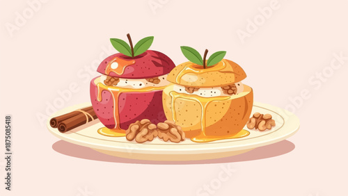 Two baked apples, one red, one yellow, stuffed with walnuts, drizzled with honey, on a plate with cinnamon